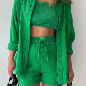 Textured Lapel Shirt & Drawstring Shorts Set